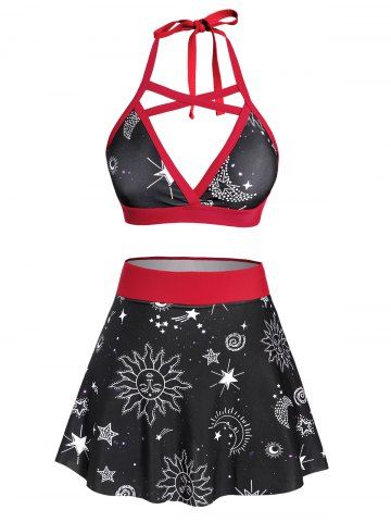 Sun Moon Star Print Crisscross Halter Padded Skorts Vacation Bikini Swimsuit - BLACK - XL