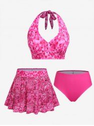 Plus Size Paisley Tie Dye Halter Backless Padded Bikini Three Piece Swimsuit -  