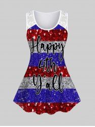 Plus Size Lace Panel Glitter Letters Printed Patriotic Tank Top -  