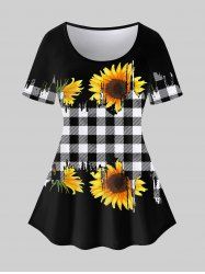 Plus Size Sunflowers And Black White Checkered Print Raglan Sleeves Tee -  