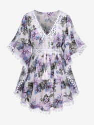 Plus Size 3D Flower Printed Lace Trim Tie Butterfly Sleeve Blouse -  