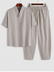 Vintage Style Cotton and Linen Textured Short Sleeves Popover Shirt and Pants Set -  