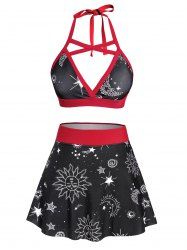 Sun Moon Star Print Crisscross Halter Padded Skorts Vacation Bikini Swimsuit -  