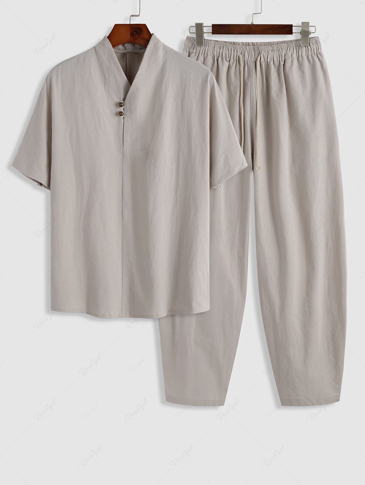 New Vintage Style Cotton and Linen Textured Short Sleeves Popover Shirt and Pants Set  