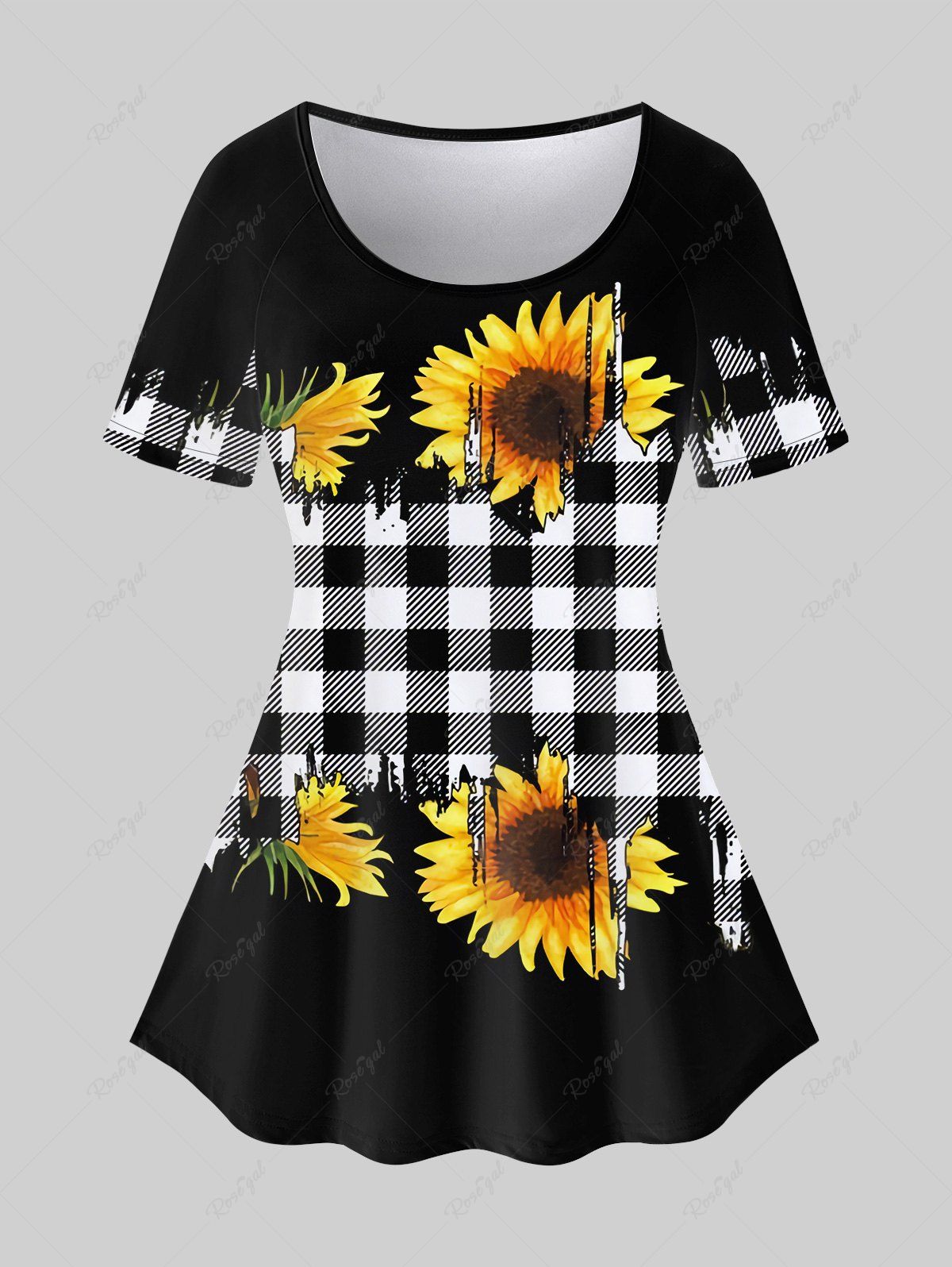 Discount Plus Size Sunflowers And Black White Checkered Print Raglan Sleeves Tee  