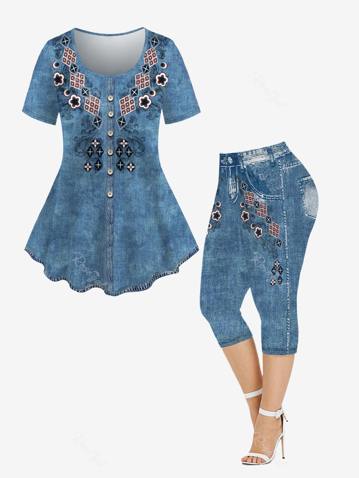 Affordable 3D Jeans Geo Flower Printed Tee and Leggings Plus Size Matching Set  