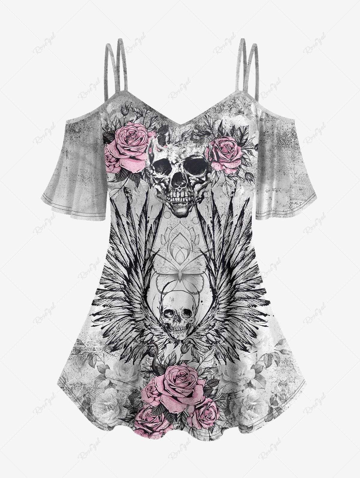 Discount Gothic Skull Rose Wing Print Cold Shoulder T-shirt  