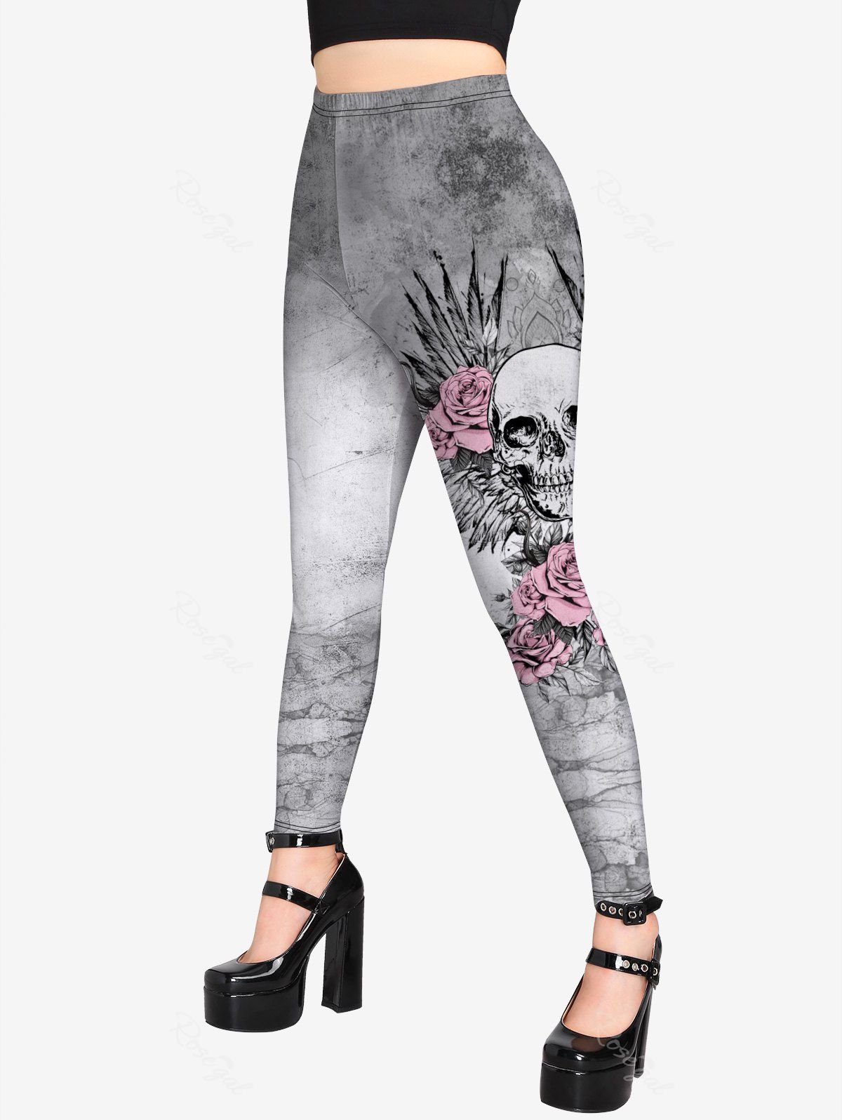 Outfits Gothic Skull Rose Wing Print Leggings  