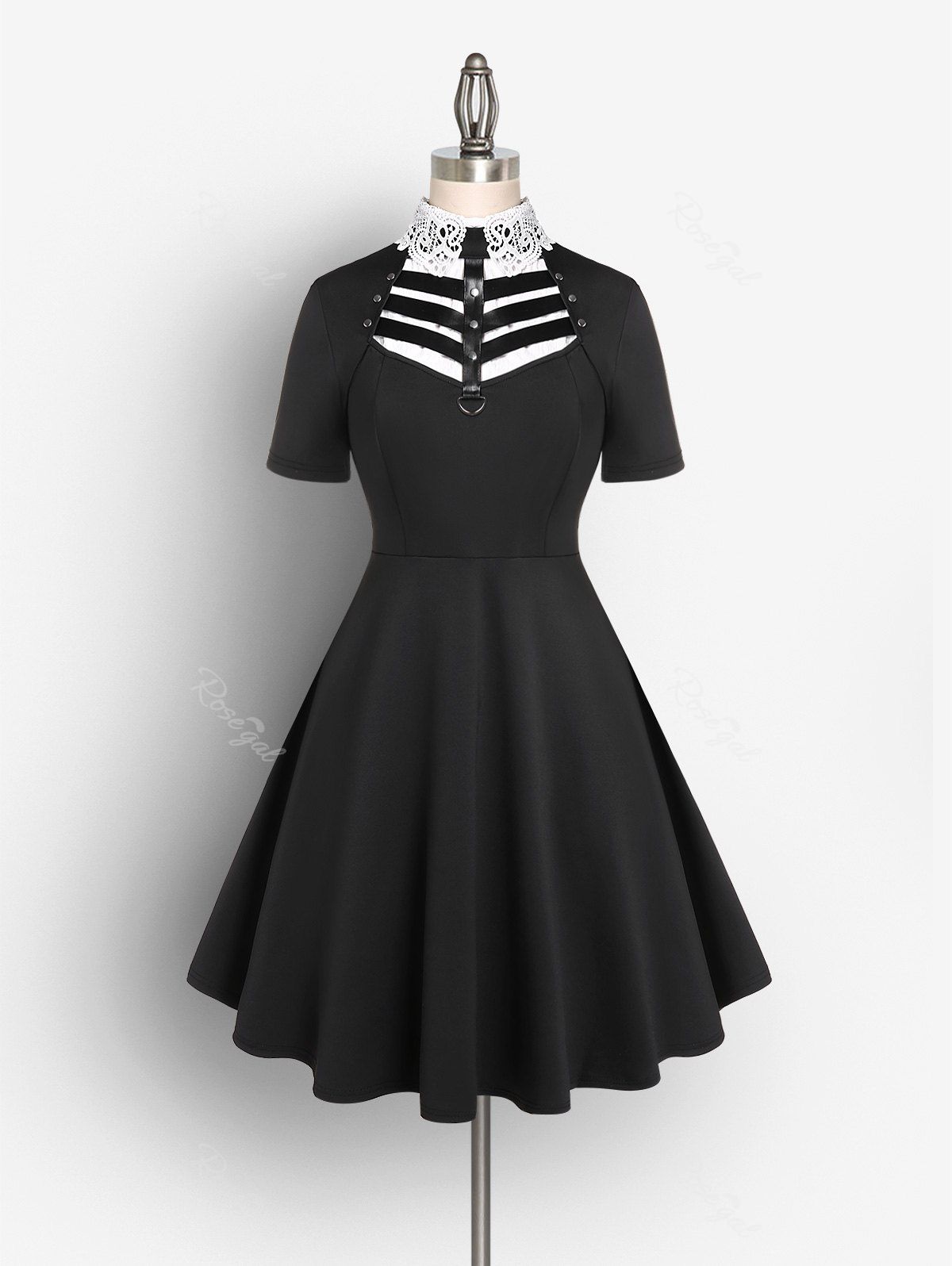 Affordable Gothic D-ring PU Leather Ladder Cutout Dress And Guipure Lace Panel Detachable Collar Summer Outfit  