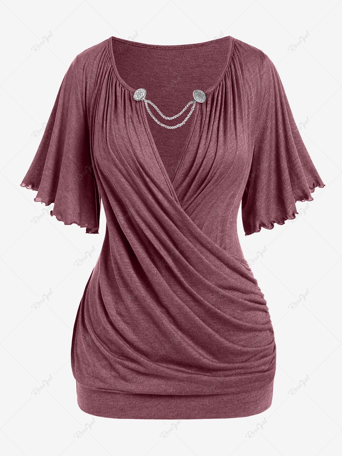 Fashion Plus Size Lettuce Ruched Chain Embellished Plunging Blouson Tee  