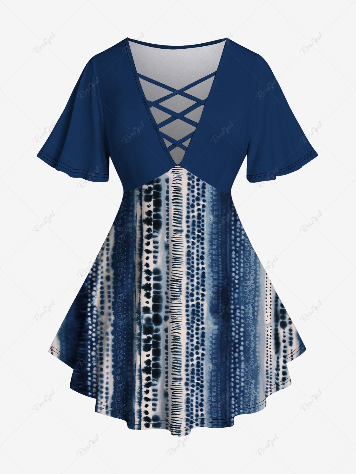 Plus Size Crisscross Tie Dye Butterfly Sleeve T-shirt Bleu profond 5x | US 30-32