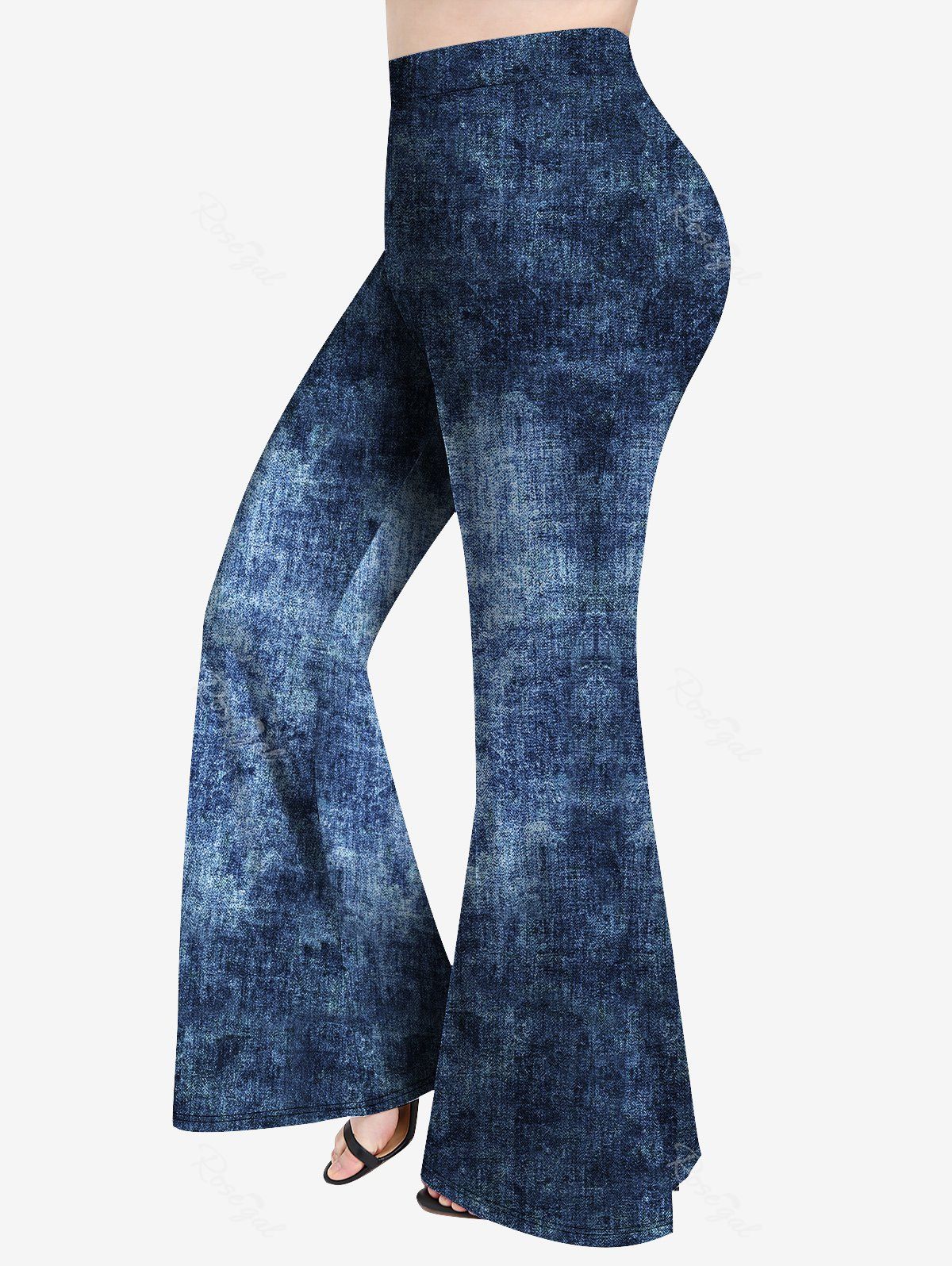 New Plus Size 3D Jean Print Pull On Flare Pants  