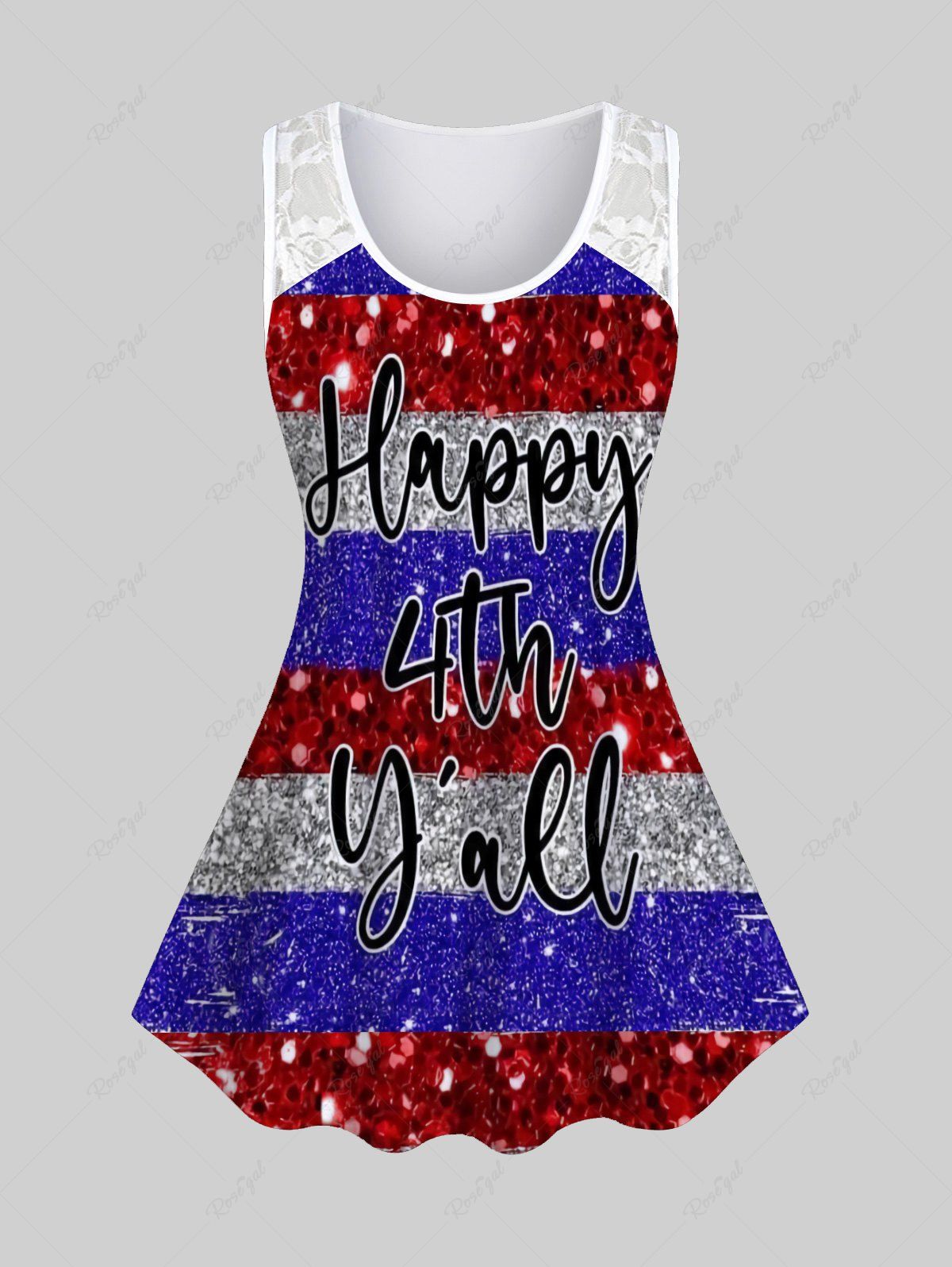 Chic Plus Size Lace Panel Glitter Letters Printed Patriotic Tank Top  