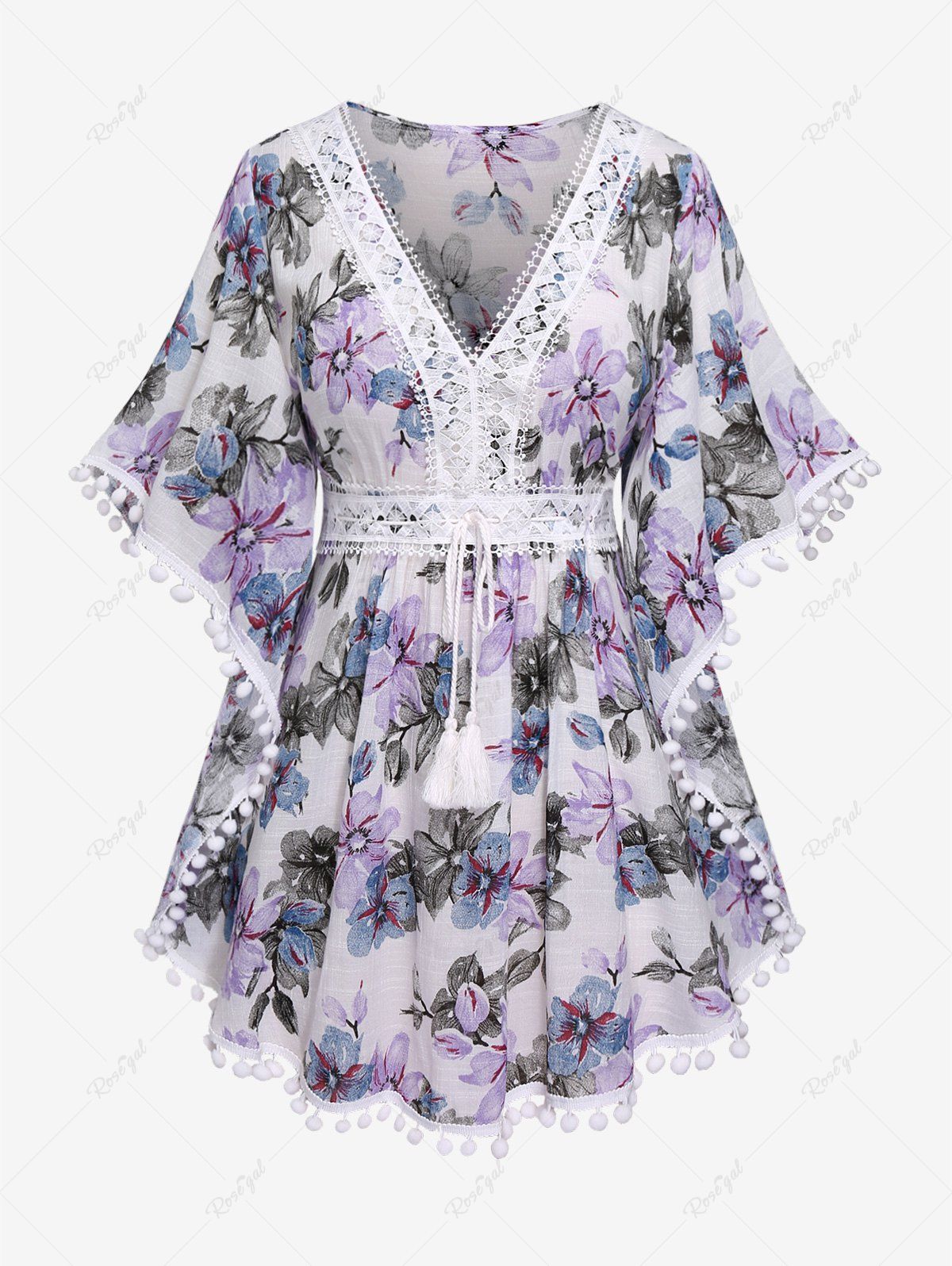 Hot Plus Size 3D Flower Printed Lace Trim Tie Butterfly Sleeve Blouse  