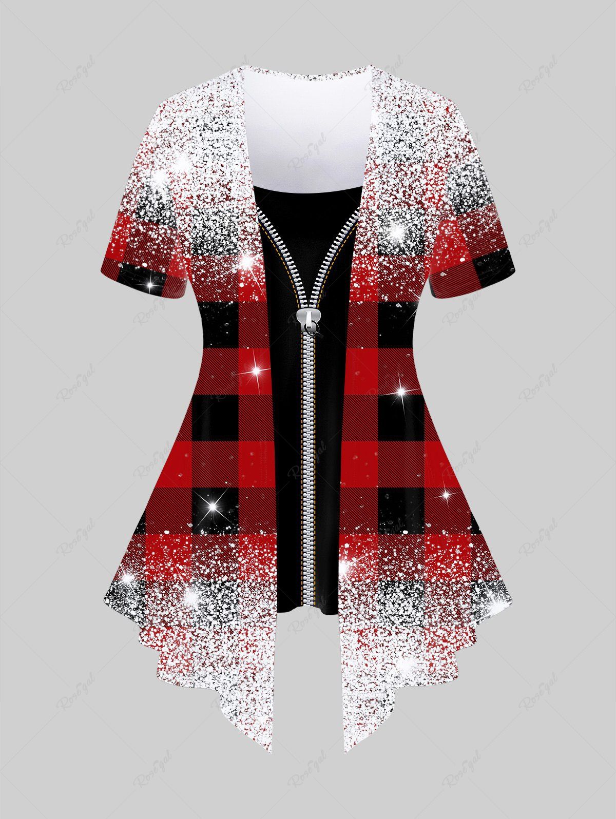 Chic Plus Size 3D Zip Glitter Sparkling Sequin And Red Black Checkered Print Faux Two Piece Tee  