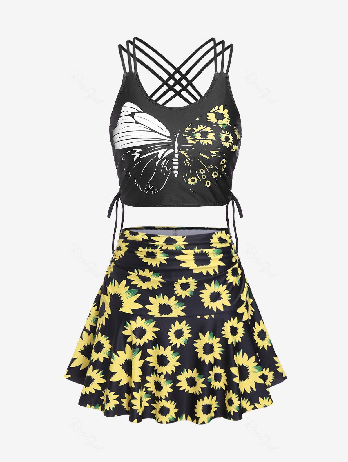 Chic Plus Size Sunflower Butterfly Print Crisscross Strappy Skirted Tankini Swimsuit  