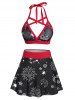 Sun Moon Star Print Crisscross Halter Padded Skorts Vacation Bikini Swimsuit -  