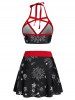 Sun Moon Star Print Crisscross Halter Padded Skorts Vacation Bikini Swimsuit -  