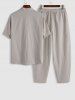 Vintage Style Cotton and Linen Textured Short Sleeves Popover Shirt and Pants Set -  