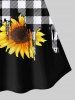 Plus Size Sunflowers And Black White Checkered Print Raglan Sleeves Tee -  