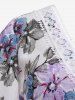 Plus Size 3D Flower Printed Lace Trim Tie Butterfly Sleeve Blouse -  