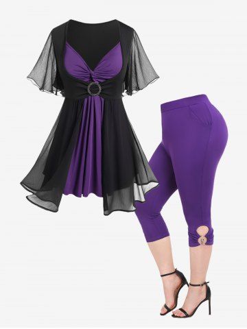 Plus Size Flutter Sleeves Twist Colorblock Twofer Tee and Cutout Pull On Pants with Pocket Outfit