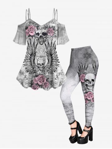 Gothic Skull Rose Wing Print Open Shoulder T-shirt and Skull Rose Print Leggings Outfit - LIGHT GRAY