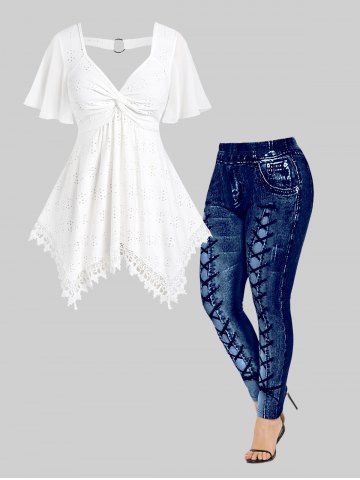 Lace Hem Twist Broderie Anglaise Butterfly Sleeve Top and  High Waisted 3D Printed Leggings Plus Size Outfit - WHITE