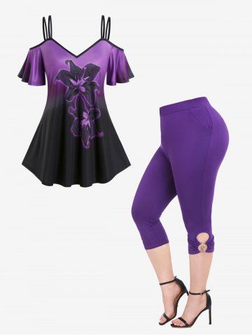 Flower Print Ombre Color Cold Shoulder Tee and Cutout Pull On Capri Pants Plus Size Outfits - CONCORD