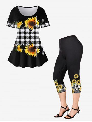 Sunflowers Checkered Print Raglan Sleeves Tee and Capri Leggings Plus Size Outfits - BLACK