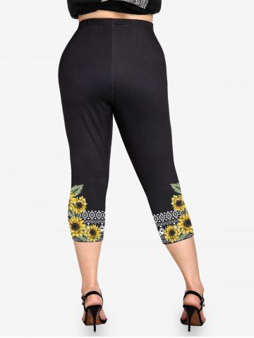 Sunflowers Checkered Print Raglan Sleeves Tee and Capri Leggings Plus Size Outfits