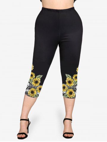 Sunflowers Checkered Print Raglan Sleeves Tee and Capri Leggings Plus Size Outfits