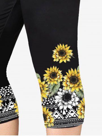 Sunflowers Checkered Print Raglan Sleeves Tee and Capri Leggings Plus Size Outfits