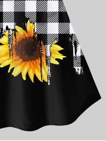Sunflowers Checkered Print Raglan Sleeves Tee and Capri Leggings Plus Size Outfits
