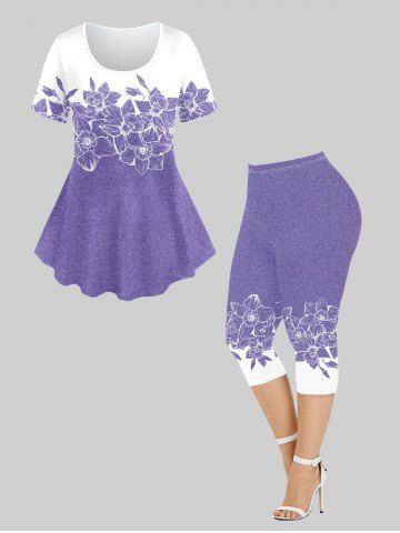 Two Tone Flower Print T-shirt and Capri Leggings Plus Size Outfits - PURPLE