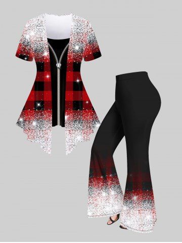 3D Zip Glitter Sparkling Sequin Checkered Printed Faux Two Piece T-Shirt and Flare Pants Plus Size Matching Set