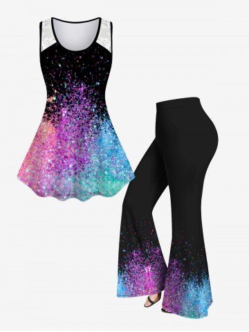 3D Color Beam Printed Shoulder Lace Tank Top and Bell Bottom Pants Plus Size Matching Set - PURPLE