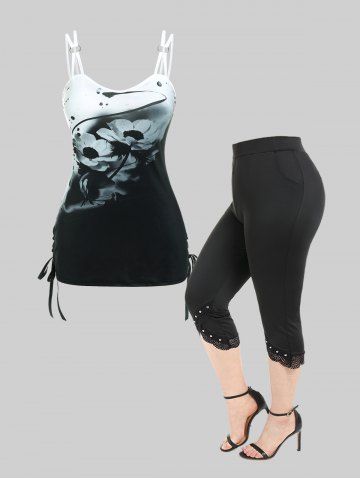 Monochrome Floral Lace-up Tank Top and Rhinestones Capri Leggings Plus Size Summer Outfit - BLACK