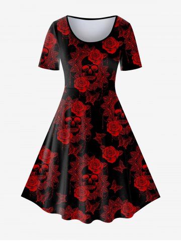 Gothic Skull Rose Print A Line Tee Dress - RED - 3X | US 22-24