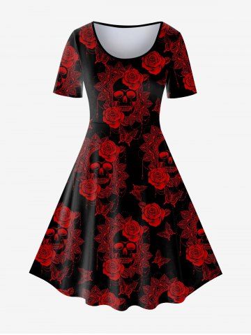 Gothic Skull Rose Print A Line Tee Dress - RED - 4X | US 26-28
