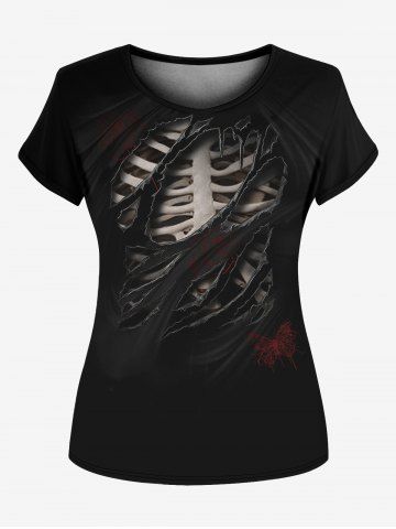 T-shirt Gothique Déchiré Imprimé Papillon Squelette 3D - BLACK - 2XL