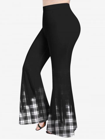 Plus Size 3D Ink Painting And Checkered Print Flare Pants