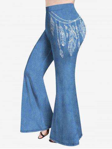 Plus Size 3D Jeans And Chains Leaves Feather Printed Flare Pants - LIGHT BLUE - S | US 8