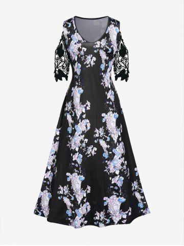 Plus Size Floral Lace Sleeves Cold Shoulder Maxi Dress - BLACK - 2XL