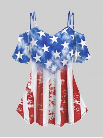 Plus Size Distressed Patriotic American Flag Print Cold Shoulder T-shirt - BLUE - 5X | US 30-32