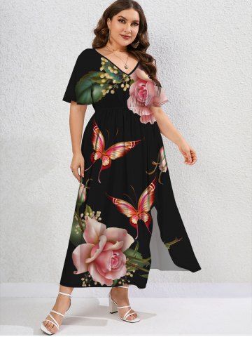 Midi Vestido de Talla Extra con Estampado de Flores de Mariposa con Cintura Alta - BLACK - S | US 8