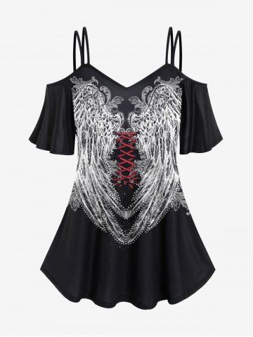 Gothic 3D Lace-up Wings Print Cold Shoulder Top