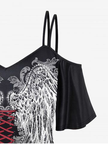 Gothic 3D Lace-up Wings Print Cold Shoulder Top