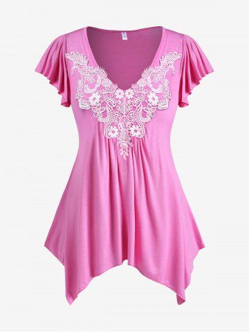 Plus Size Flutter Sleeve Contrast Lace Handkerchief Tee - LIGHT PINK - M | US 10