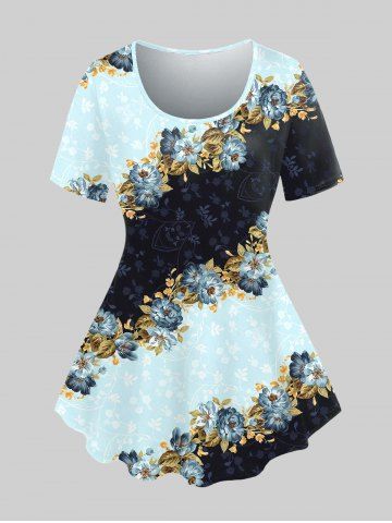 T-shirt Vintage Floral Imprimé de Grande Taille - LIGHT BLUE - 2X | US 18-20